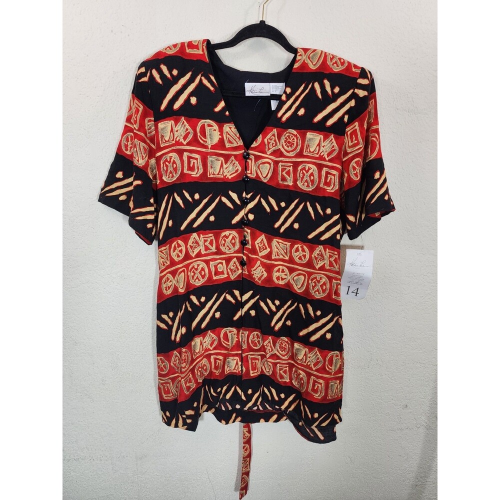 NWT Vintage Kathie Lee Top Womens 12 14 Black Red Abstract Rayon Tie Back Shirt